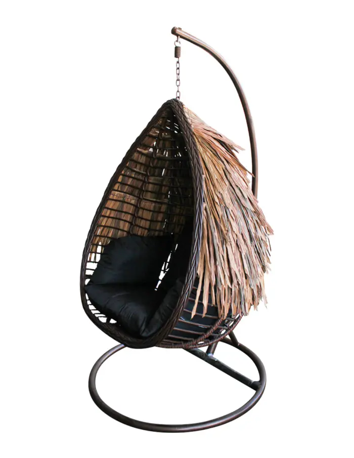 Sillón colgante tejido rattan con cojines café y base de metal de 120x96x71cm y 195x114x98cm - Image 2