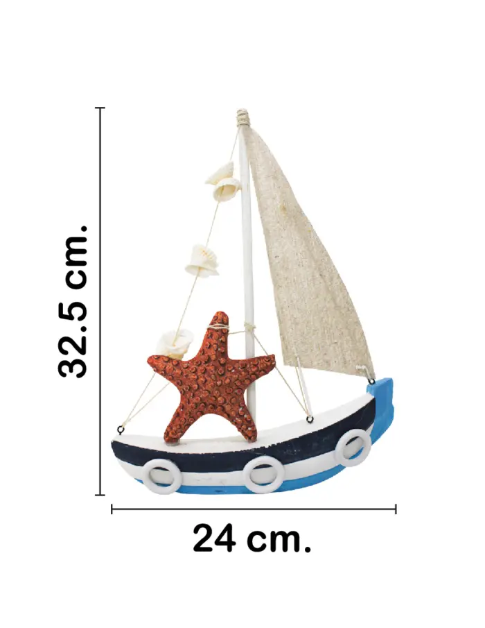 Velero de madera azul con estrella de 24x6x32.5cm - Image 2