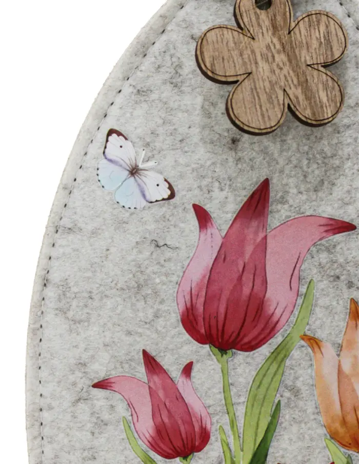 Conejo de fieltro con dibujo de tulipanes en base de madera de 22x44x7cm - Image 4