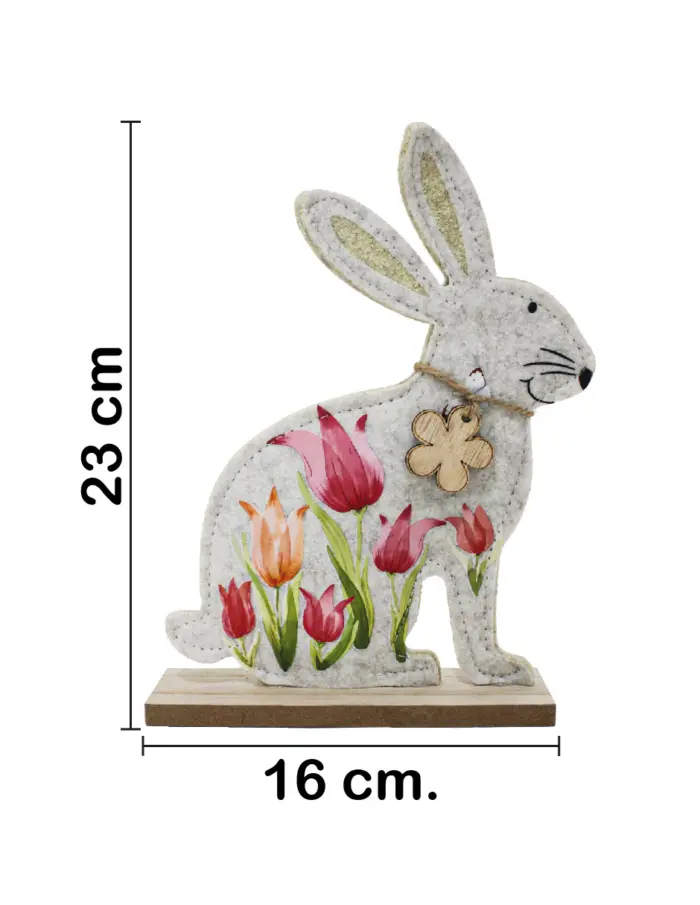Conejo de fieltro con dibujo de tulipanes en base de madera de 16x23x5cm - Image 2