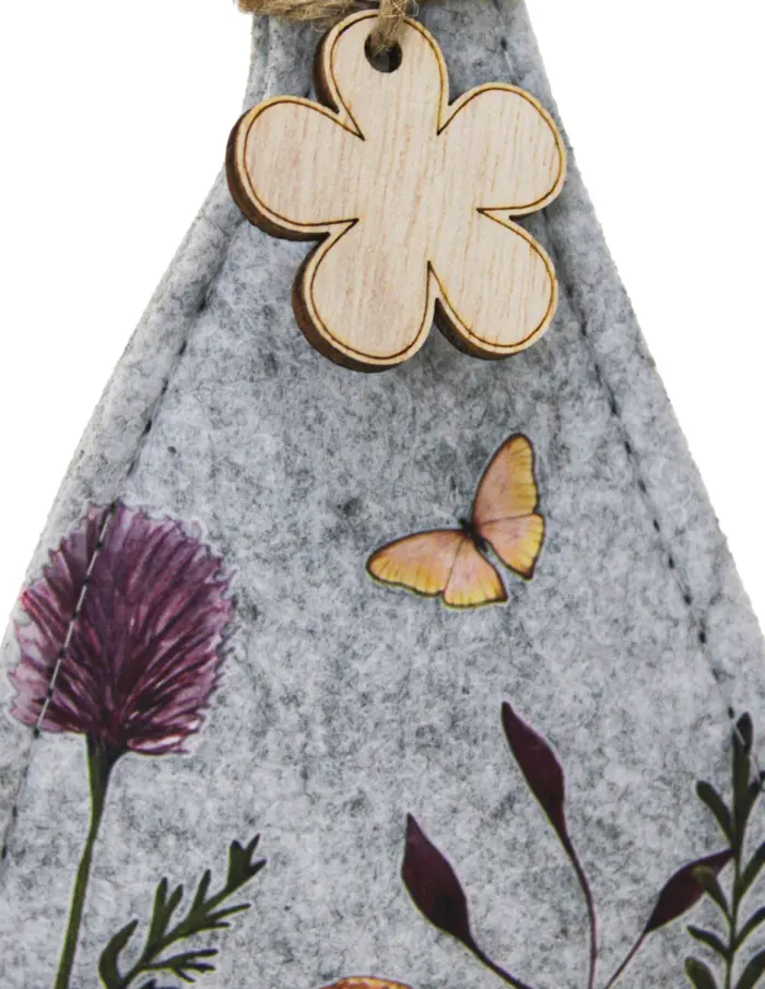 Conejo de fieltro con dibujo de flores rosas y amarillas en base de madera de 15x26x4.5cm - Image 4