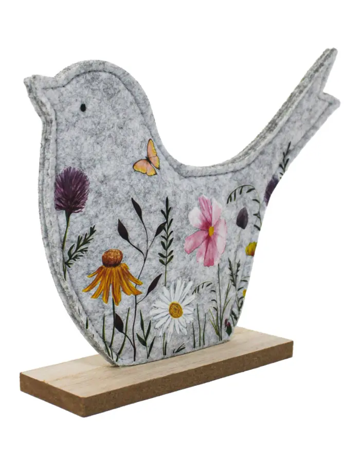 Pájaro de fieltro con dibujos de flores en base de madera de 22x16x5cm - Image 3