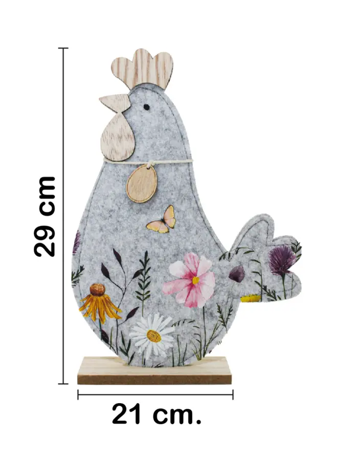 Gallina de fieltro  con dibujo de flores en base de madera de 21x29x5cm - Image 2