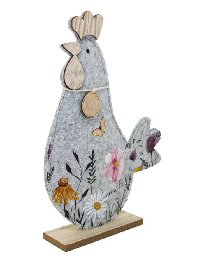 Gallina de fieltro  con dibujo de flores en base de madera de 21x29x5cm - Image 3