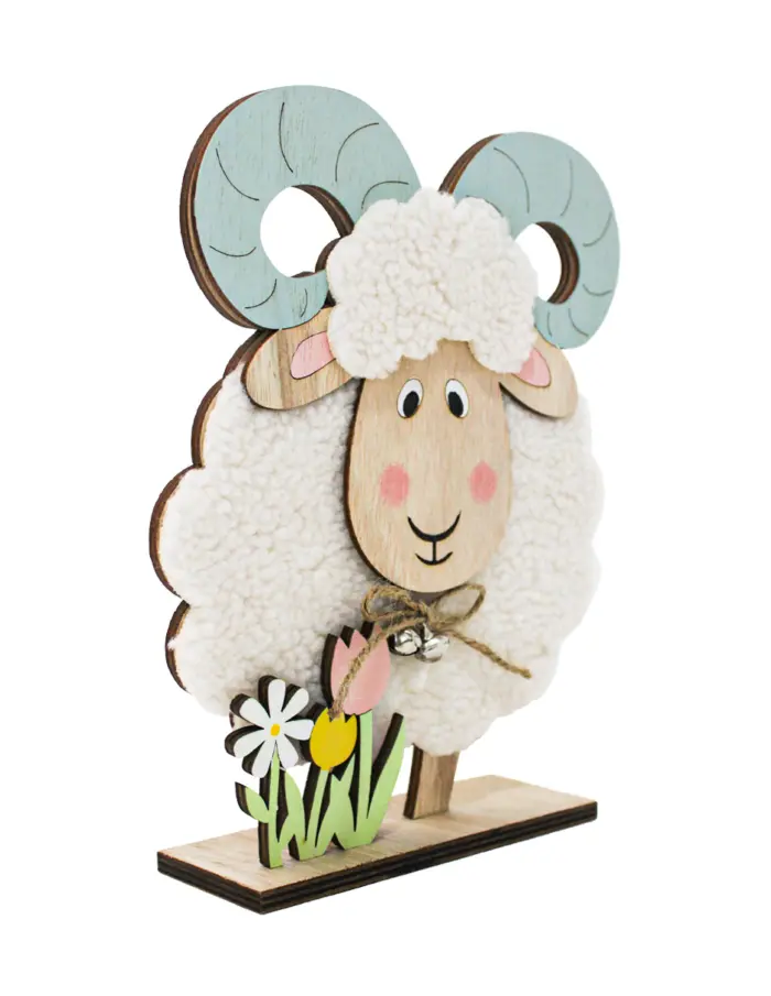 Borrego de peluche con tulipanes en base de madera de 17x22x5cm - Image 3