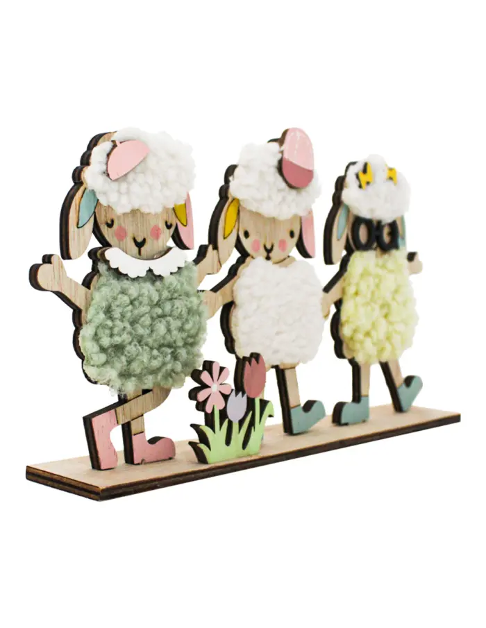 Borregos de peluche verde blanco y amarillo en base de madera de 23x12x3.5cm - Image 3