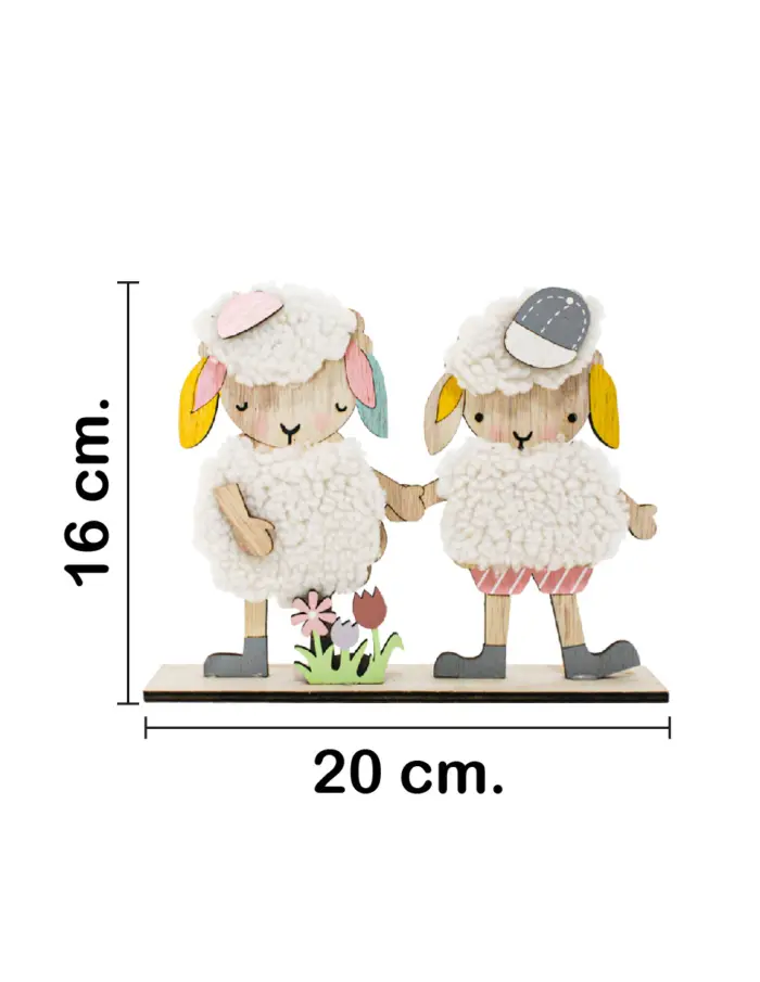 Borregos de peluche blanco con flores en base de madera de 20x16x4cm - Image 2