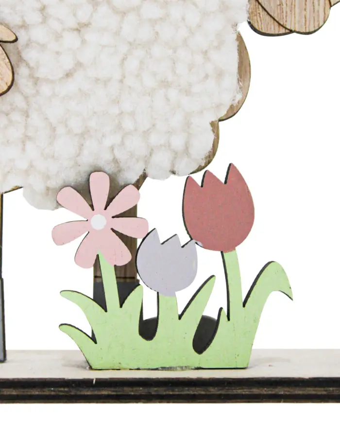 Borregos de peluche blanco con flores en base de madera de 20x16x4cm - Image 4