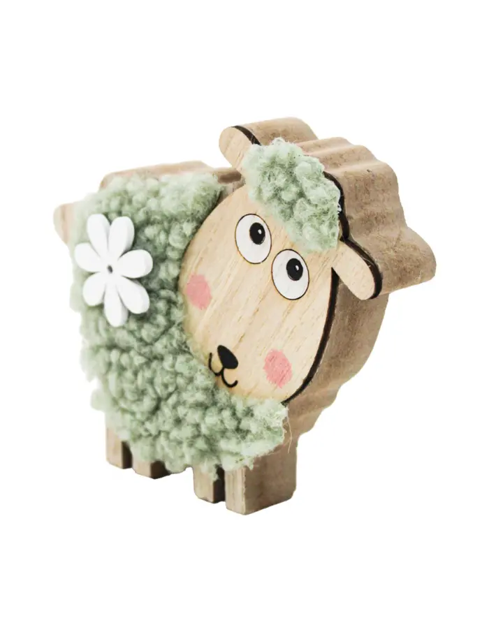 Borrego de peluche verde con flor blanca en base de madera de 12x10cm - Image 3