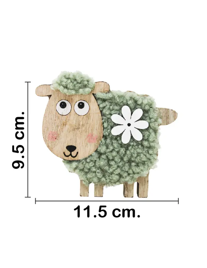 Borrego de peluche verde con flor blanca en base de madera de 11.5x9.5cm - Image 2