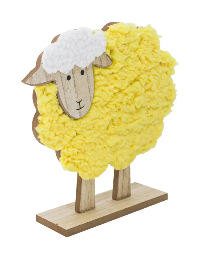 Borrego de peluche amarillo en base de madera de 23.5x6x22.5cm - Image 3