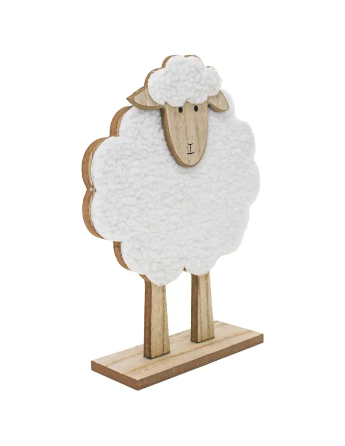 Borrego de peluche blanco en base de madera de 15.5x5x21cm - Image 3