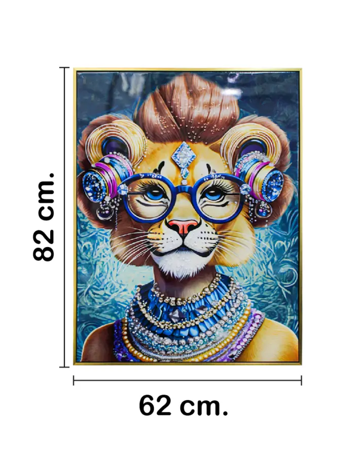 Cuadro con cabeza de leona con lentes y pedrería de 62x82x4cm - Image 2