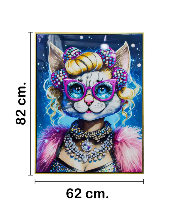 Cuadro con cabeza de gata con lentes y pedrería de 62x82x4cm - Image 2