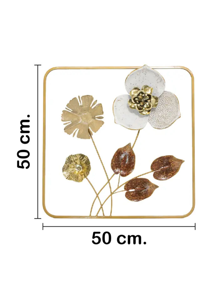 Cuadro de metal diseño flores blancas y marrón con dorado de 50.2x50.2x4.4cm - Image 2