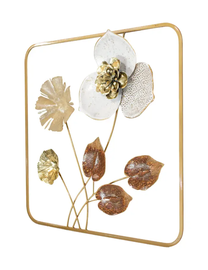 Cuadro de metal diseño flores blancas y marrón con dorado de 50.2x50.2x4.4cm - Image 3