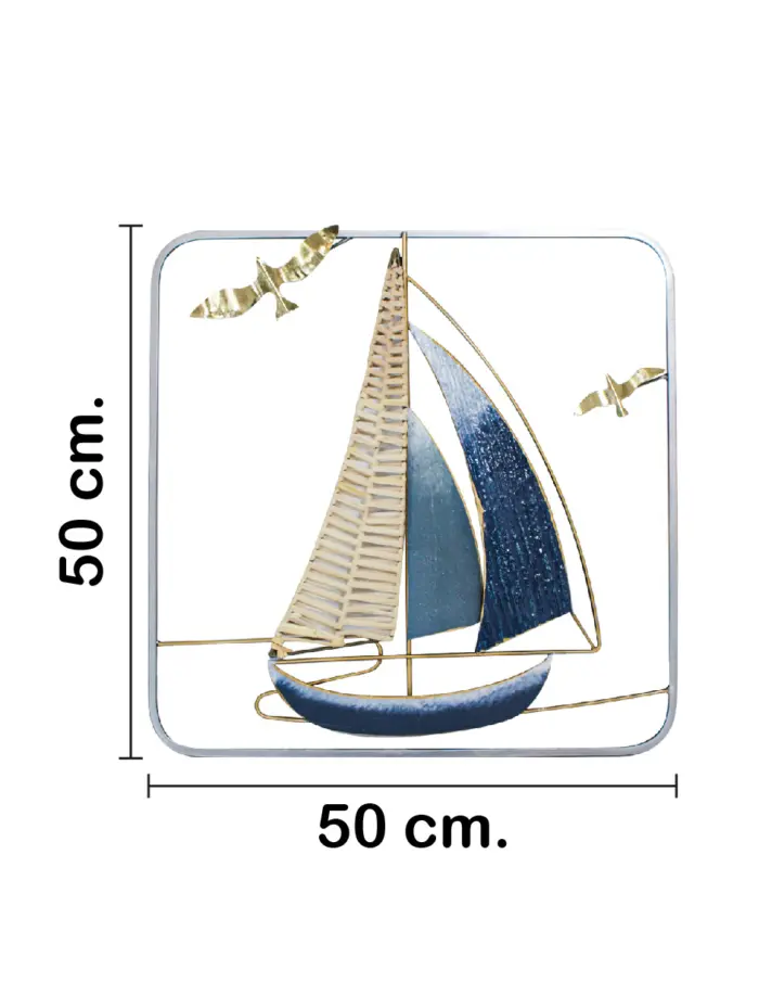 Cuadro de metal diseño velero azul con aves doradas de 50.2x50.2x2.5cm - Image 2