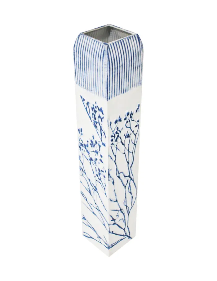 Florero de metal con ramas blanco con azul de 11.4x11.4x61.6cm - Image 2