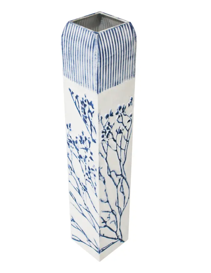 Florero de metal con ramas blanco con azul de 11.4x11.4x52.7cm - Image 3