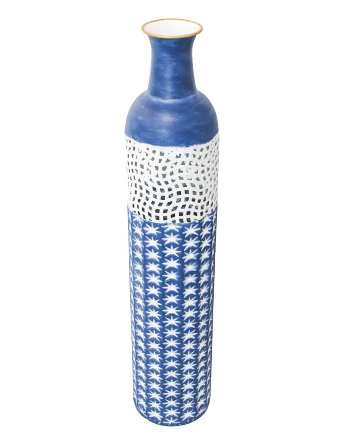 Florero de metal calado azul con blanco de 14.0x69.9cm - Image 2
