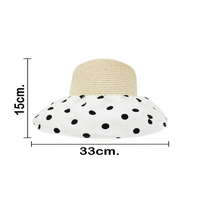Sombrero tejido beige con olan de tela blanco y puntos negros de 33x33x12cm - Image 4