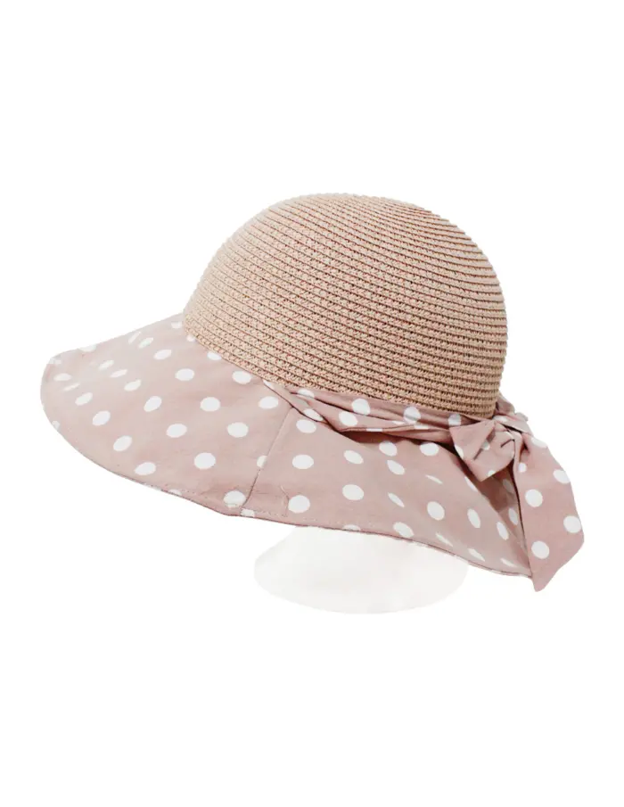 Sombrero tejido rosa con olan de tela rosa con puntos blancos de 33x33x12cm - Image 2