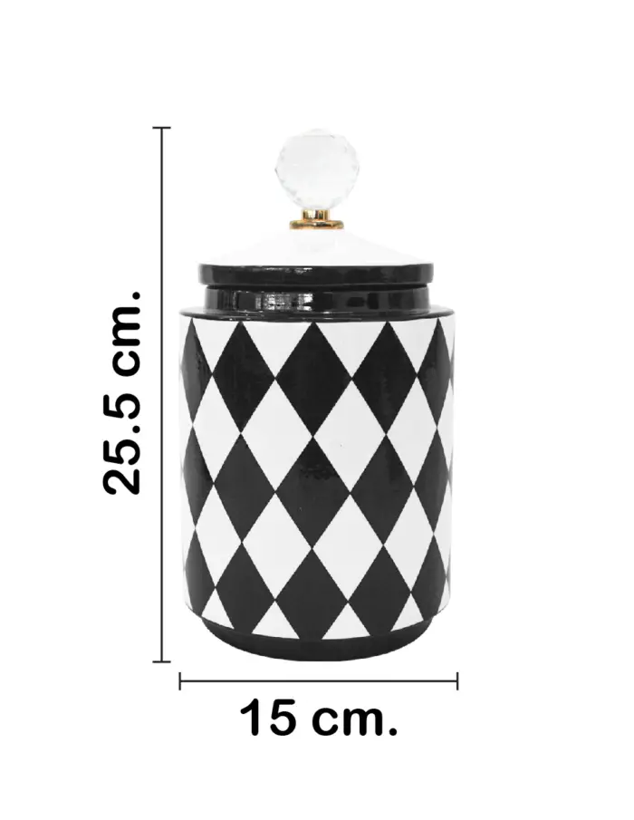 Tibor de cerámica negro con blanco diseño rombos de 12x12x25cm - Image 2