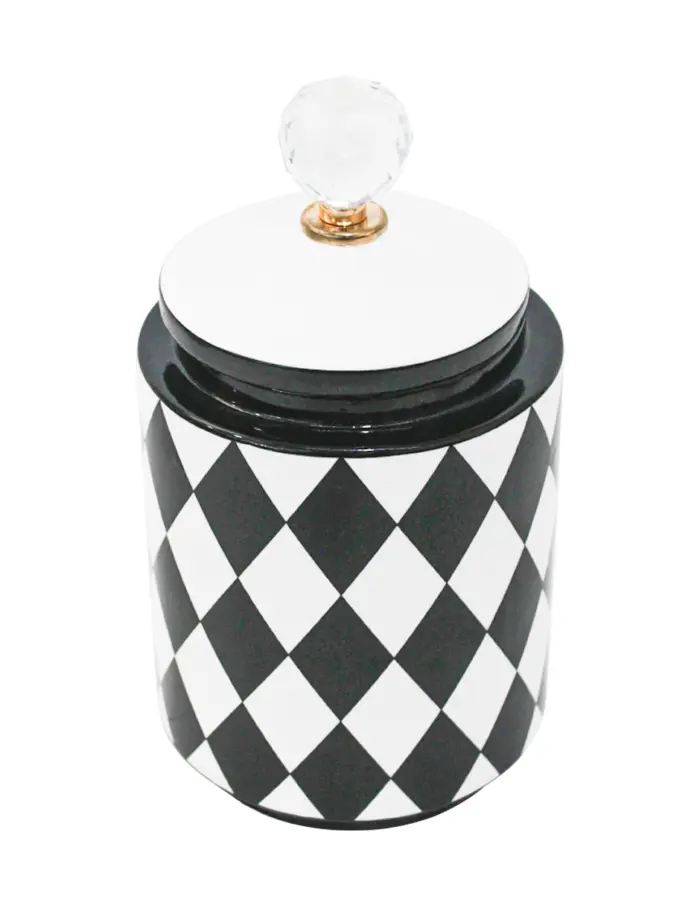 Tibor de cerámica negro con blanco diseño rombos de 12x12x25cm - Image 4