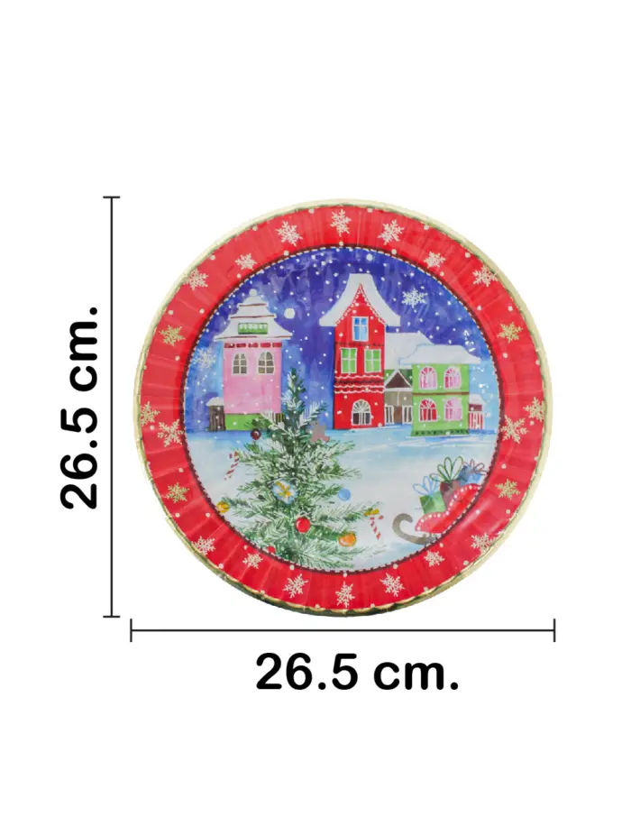 Paquete de 8 platos desechables estampado villas navideñas de 26.5x26.5x2.4cm - Image 2