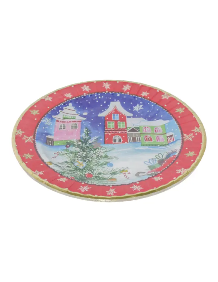 Paquete de 8 platos desechables estampado villas navideñas de 26.5x26.5x2.4cm - Image 3