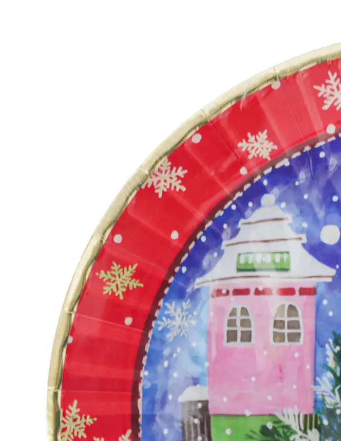 Paquete de 8 platos desechables estampado villas navideñas de 26.5x26.5x2.4cm - Image 4