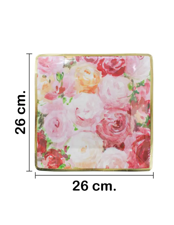 Paquete de 8 platos cuadrados desechables estampado rosas de 26x26x2.5cm - Image 2