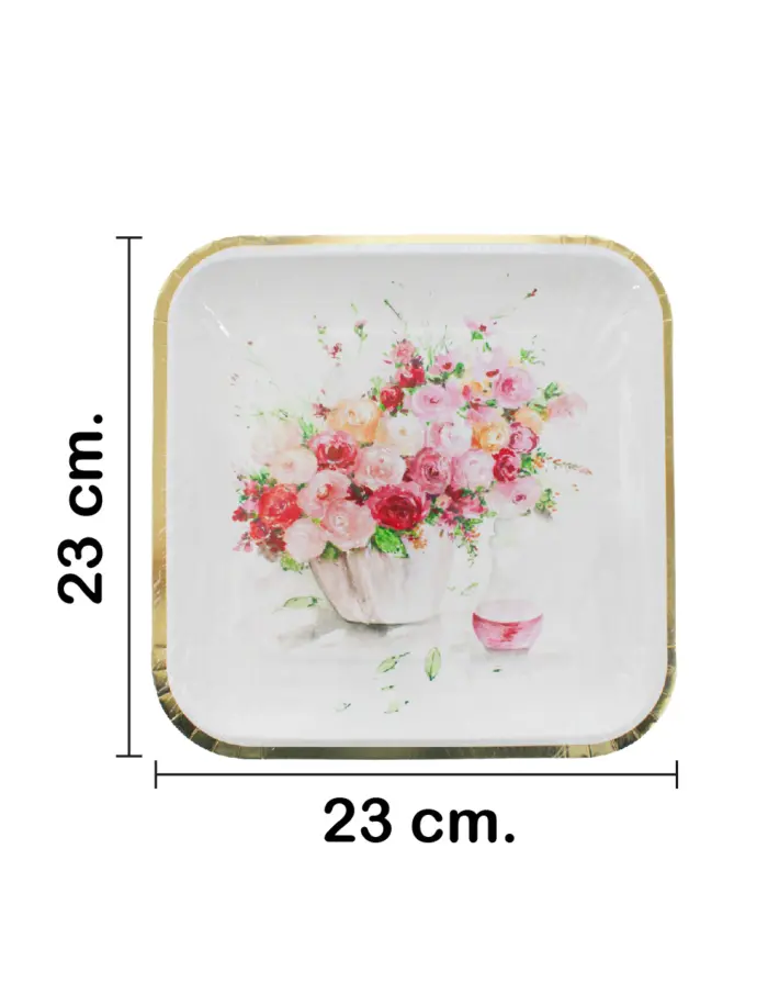 Paquete de 8 platos desechable cuadrados blanco estampado flores de 23.3x23.3x1.3cm - Image 2