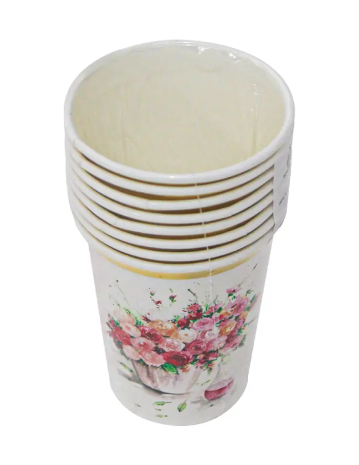 Paquete de 8 vasos desechables blancos estampado rosas de 250ml y 7.5x7.5x13cm - Image 2