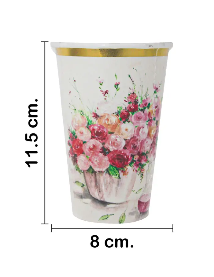 Paquete de 8 vasos desechables blancos estampado rosas de 350ml y 8x8x15.9cm - Image 2