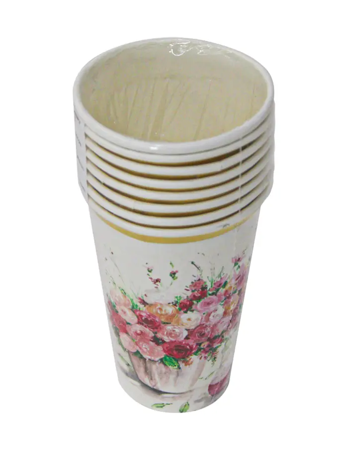 Paquete de 8 vasos desechables blancos estampado rosas de 350ml y 8x8x15.9cm - Image 3