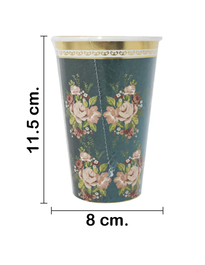 Paquete de 8 vasos desechables azul con la orilla dorada y flores de 350ml y 8x8x15.5cm - Image 2