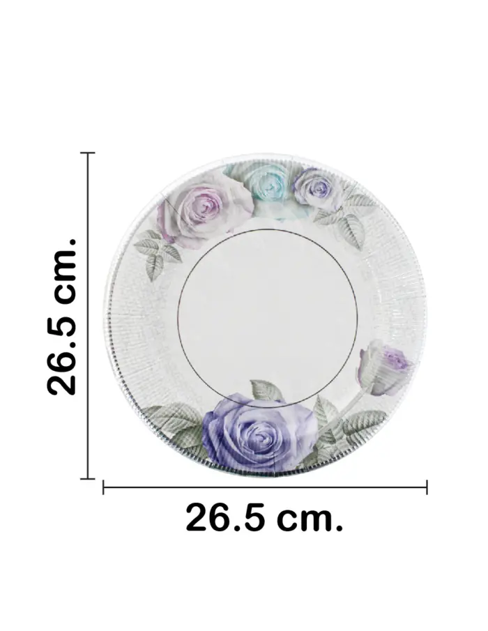 Paquete de 8 platos desechables blanco estampado flores moradas de 26.5x26.5x1.7cm - Image 2