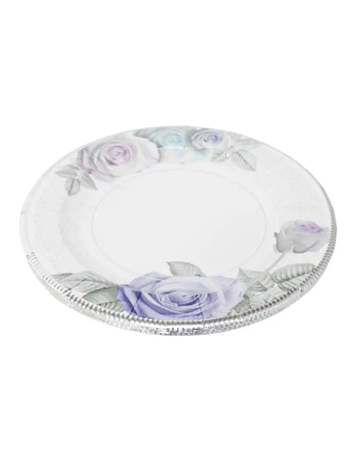 Paquete de 8 platos desechables blanco estampado flores moradas de 26.5x26.5x1.7cm - Image 3