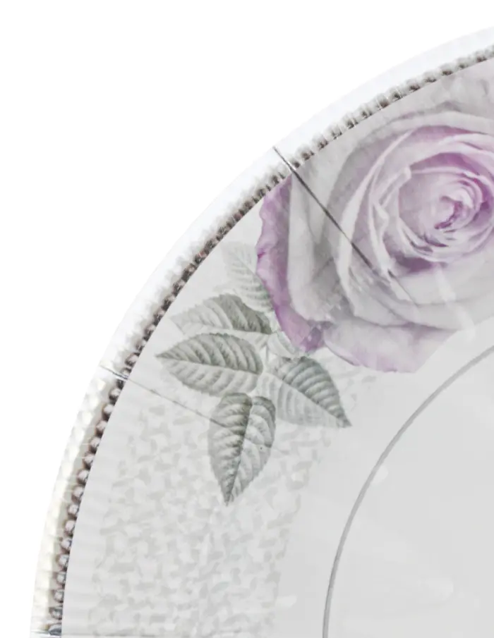 Paquete de 8 platos desechables blanco estampado flores moradas de 26.5x26.5x1.7cm - Image 4