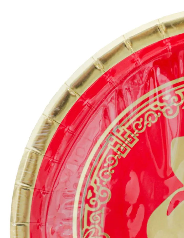 Paquete de 8 platos desechables rojos con letra china de 22.5x22.5x2.5cm - Image 4