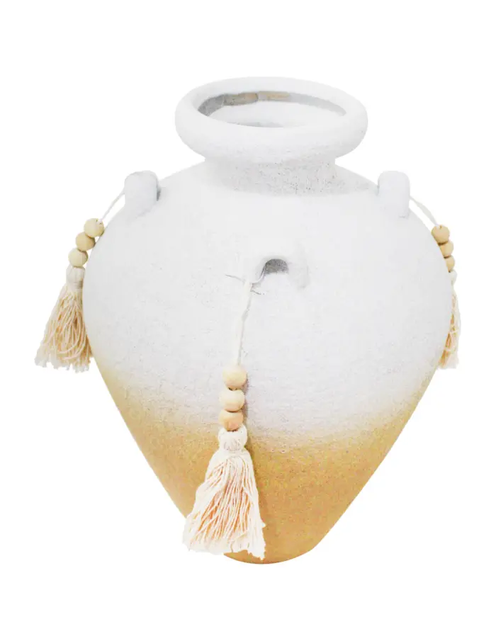 Jarrón de terracota blanco con borlas de 25.5x25.5x35.5cm - Image 2