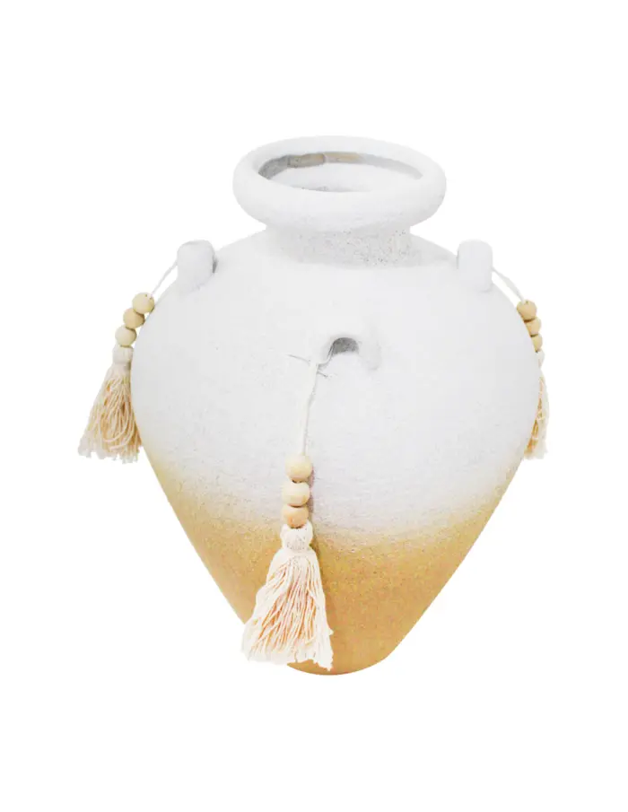 Jarrón de terracota blanco con borlas de 21.5x21.5x30cm - Image 2