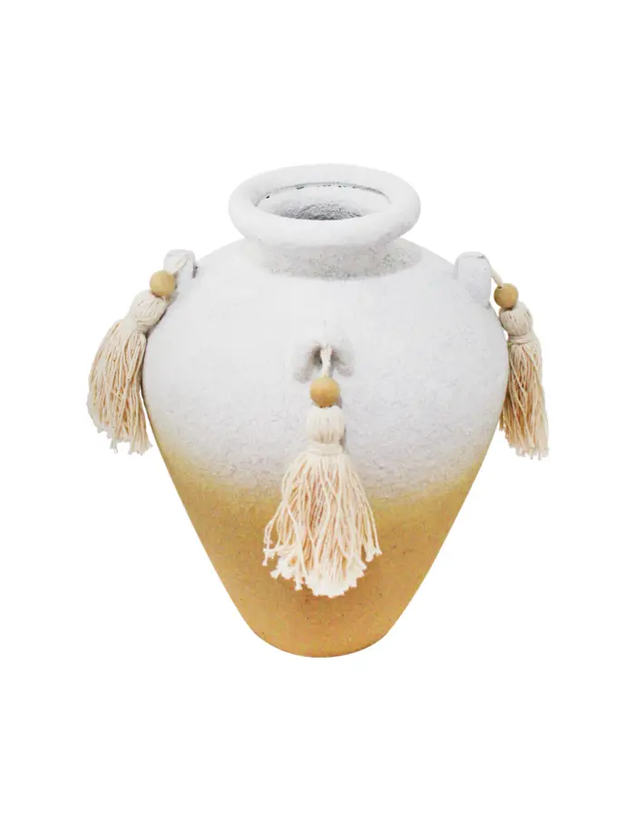 Jarrón de terracota blanco con borlas de 17.5x17.5x24cm - Image 2
