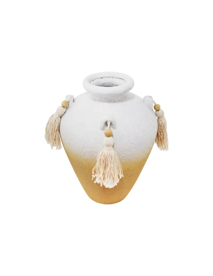 Jarrón de terracota blanco con borlas de 14.5x14.5x20cm - Image 2