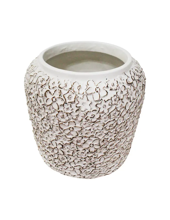 Maceta de cemento blanca con diseño flores de 25x25x24cm - Image 2