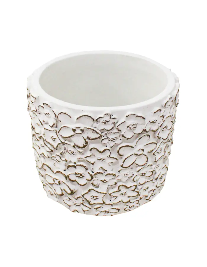 Maceta de cemento blanca con diseño flores de 18x18x16cm - Image 2