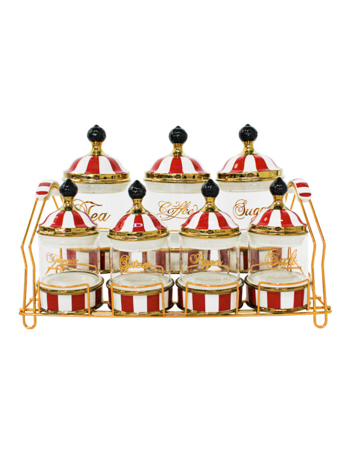 Juego de 7 especieros de porcelana con vidrio y tapa rojo con blanco y base de metal de 11x11x16cm