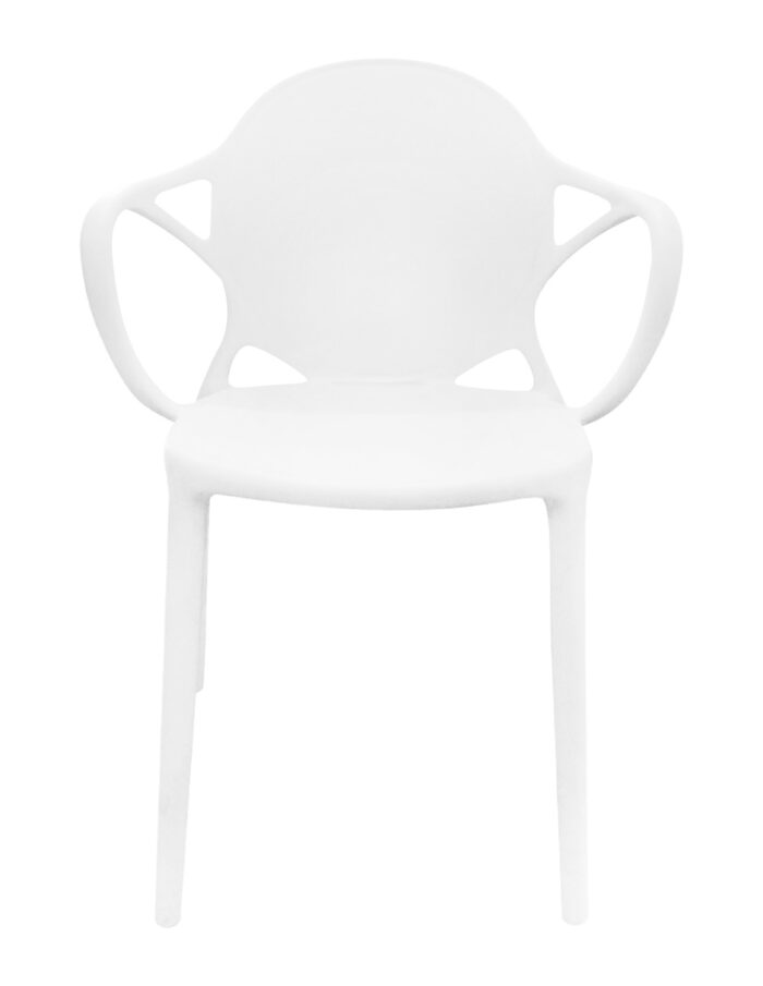 Silla de plástico blanco con descansabrazos y respaldo medallón de 56.5x56x80cm