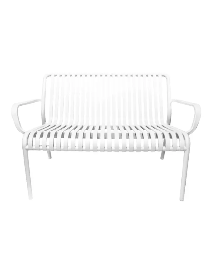 Sillón de 2 plazas de plástico con descansabrazos blanco diseño tiras de 73x119x77cm - Image 3